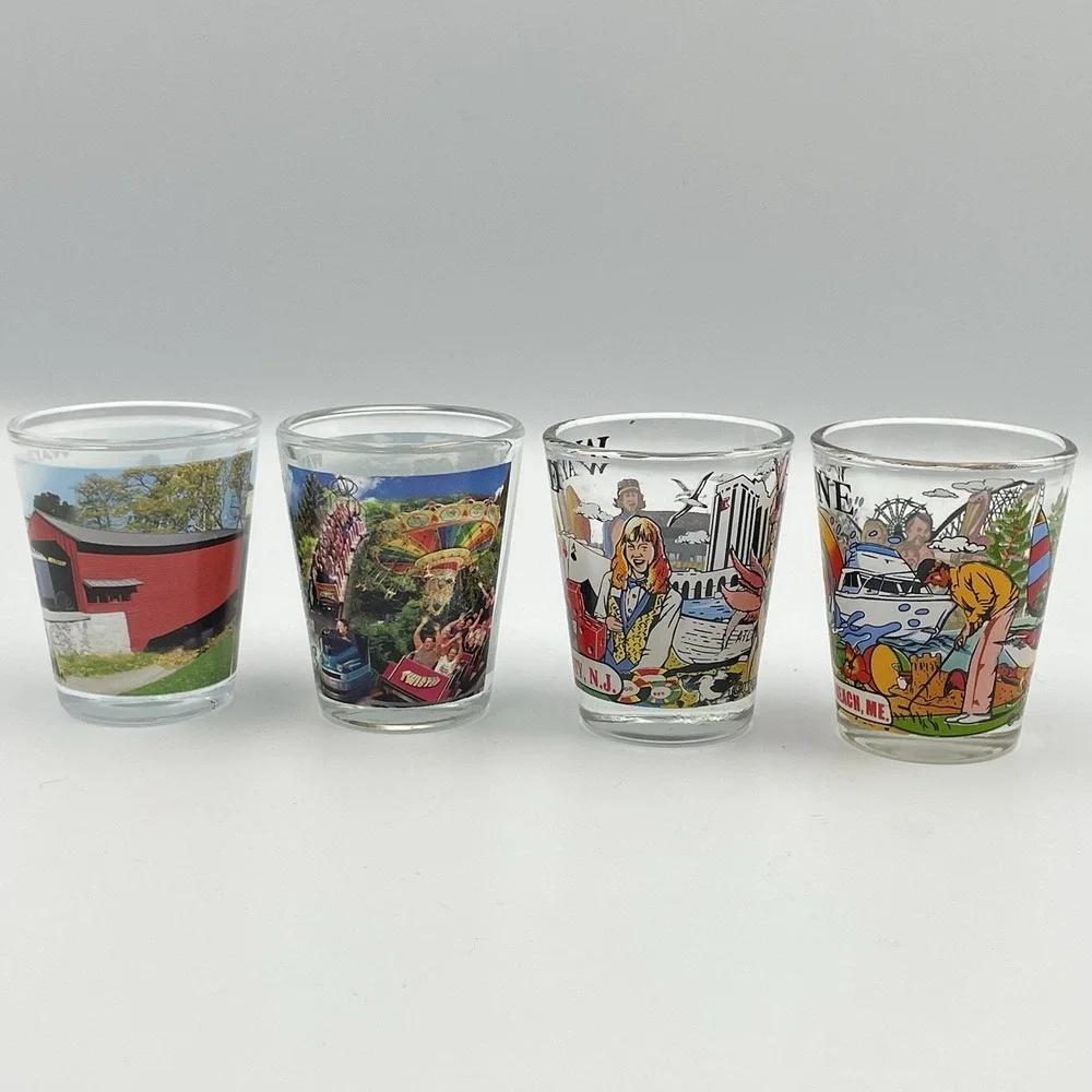 Vintage Wayne Souvenir‎ Shot Glasses Set of 4 Amish PA Atlantic City NJ Knoebels